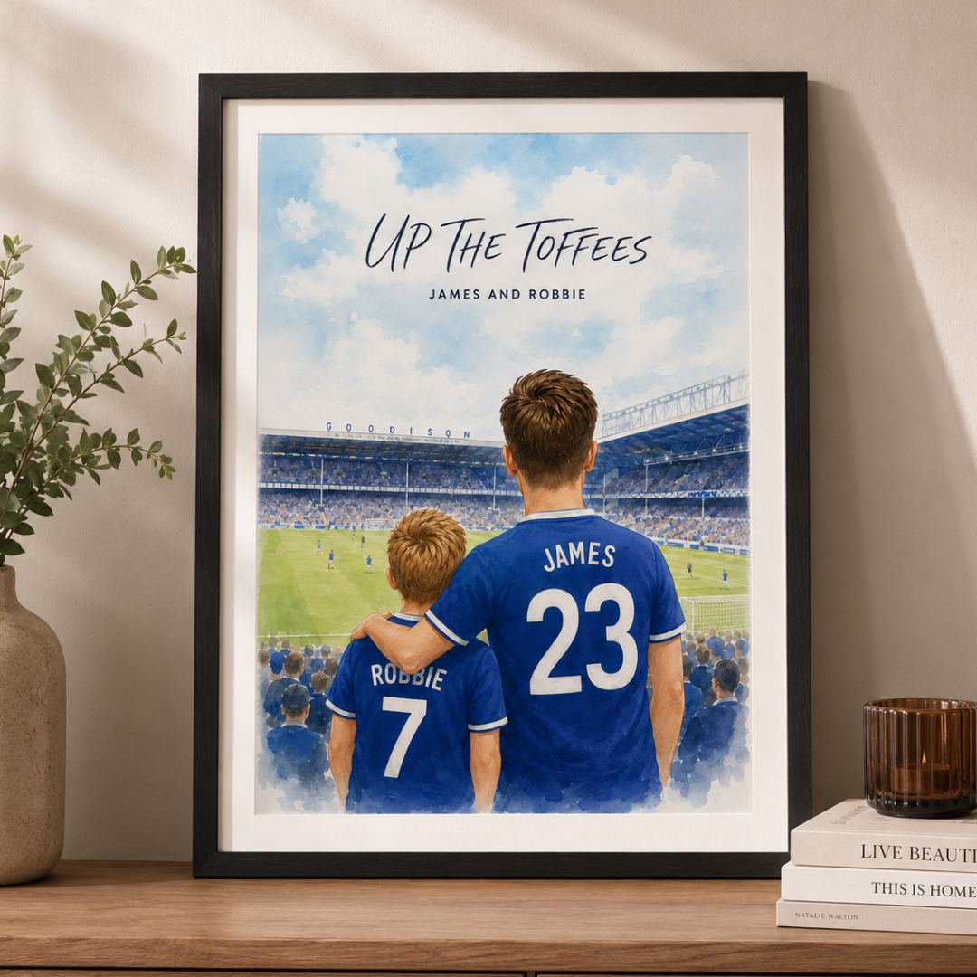 Personalised Everton gift print of a father and son at Goodison Park
