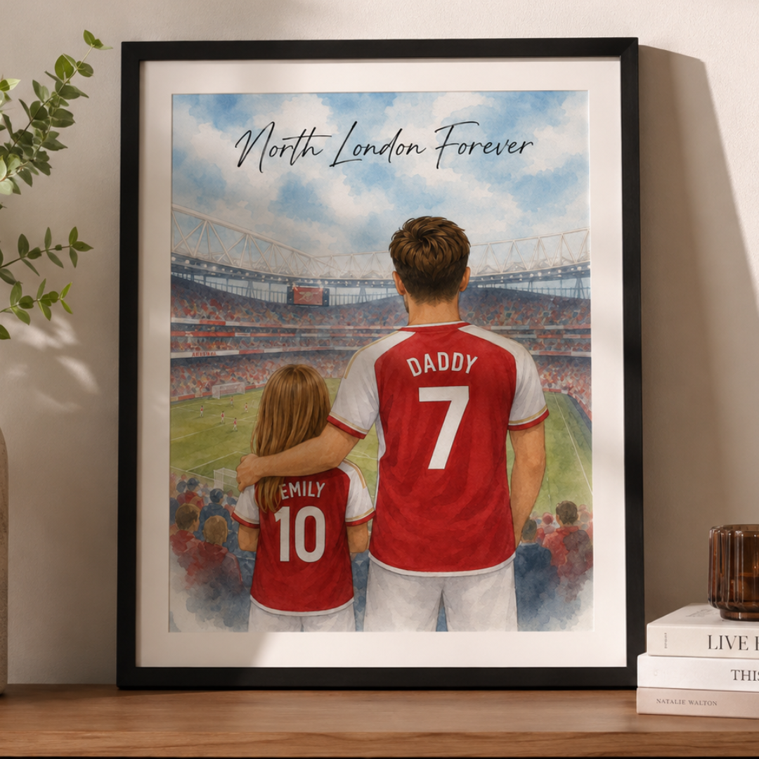 Personalised Arsenal football gift print of a father and daughter at the Emirates