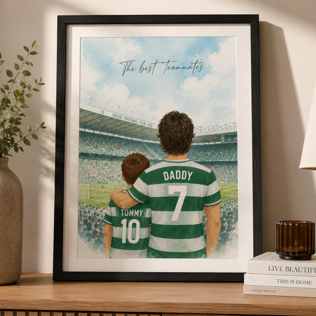 Personalised Celtic gift print of a father and son at Celtic Park