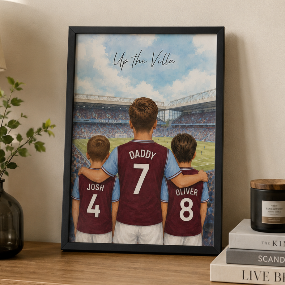 Personalised football gift print of a dad and two sons in Aston Villa shirts at Villa Park