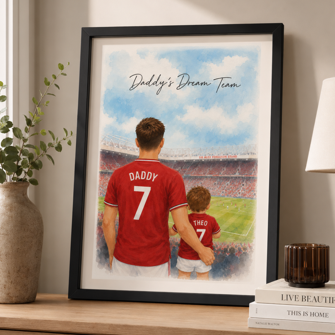 Personalised Manchester United gift print of a father and son at Old Trafford